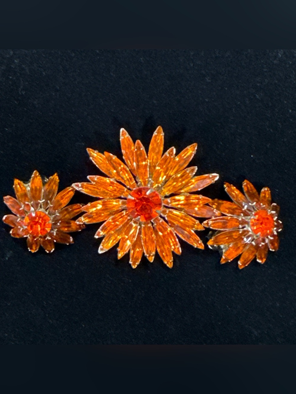 MCM Judy Lee Orange Fire Rhinestone Brooch Earring Set Flaming Flower Starburst